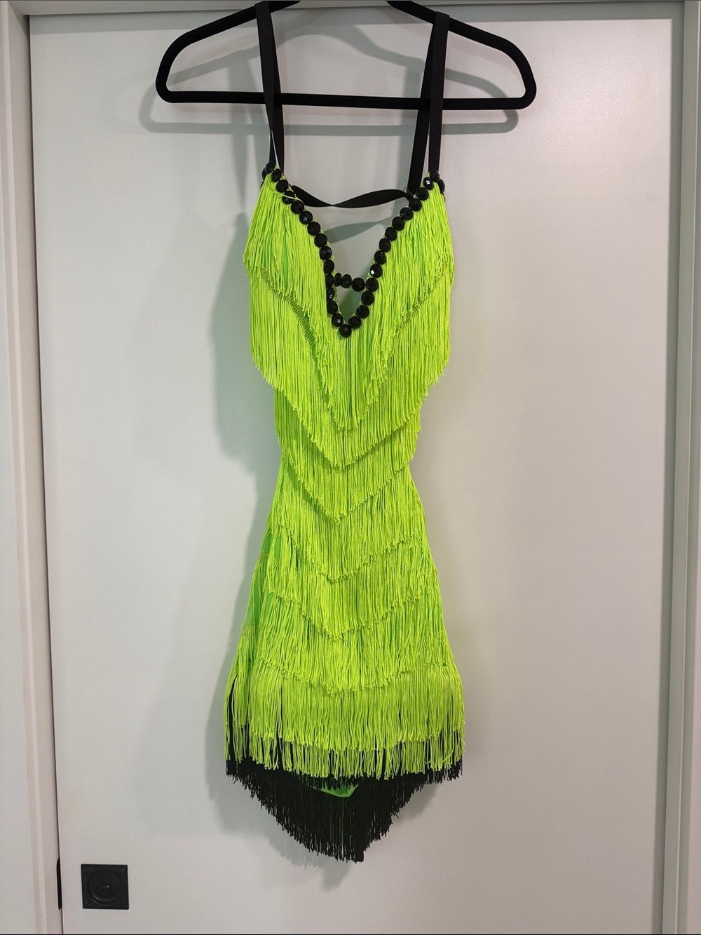 Neon Lime Fringe Dance Dress with Black Bead Accents